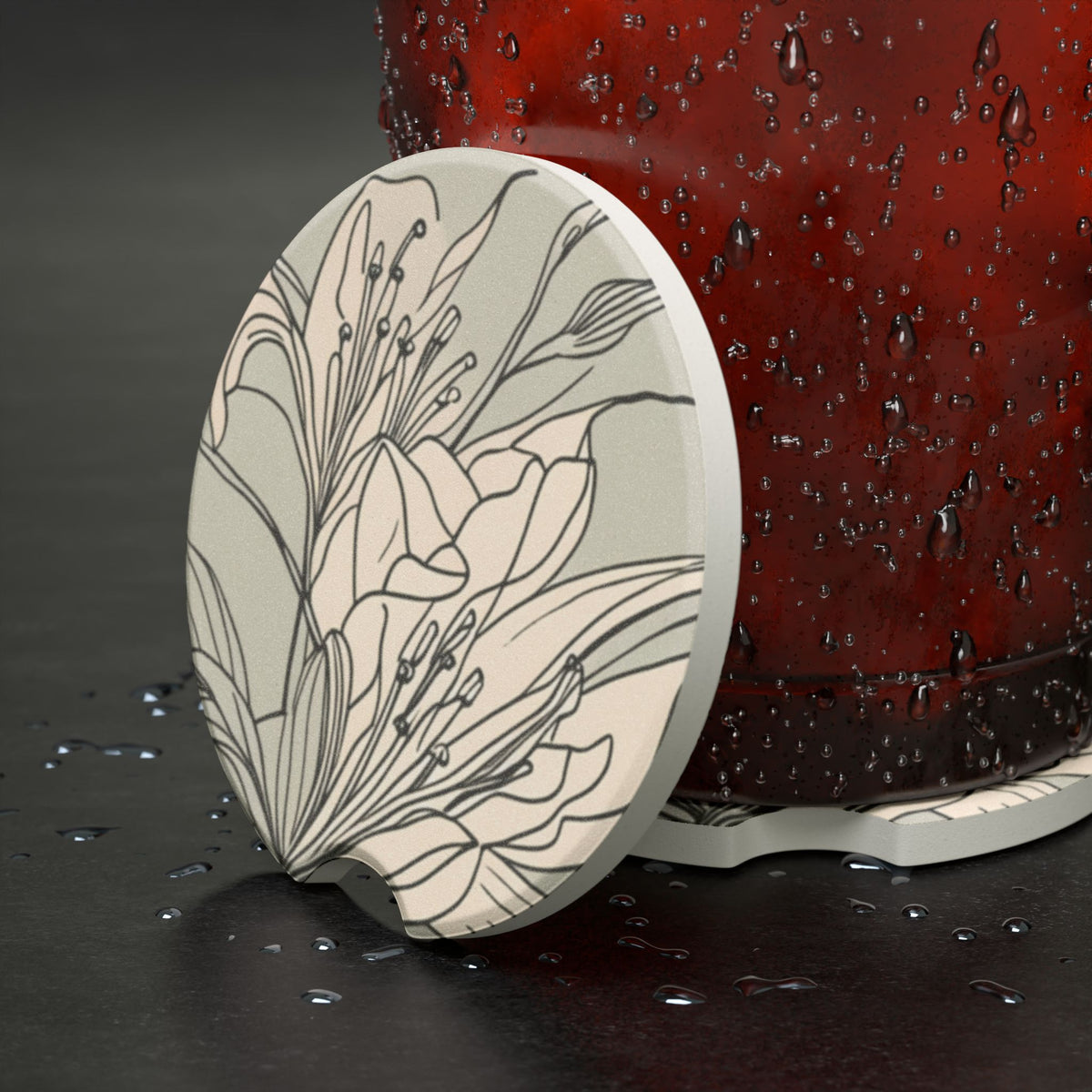 Lilies Soapstone Car Coaster Line-drawing Absorbent Drink Holder for Car, Vehicle Interior Decor